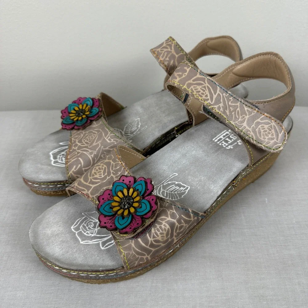 Spring Step L'Artiste Women's 42 Wedge Sandals Taupe Floral Boho Cottage NEW